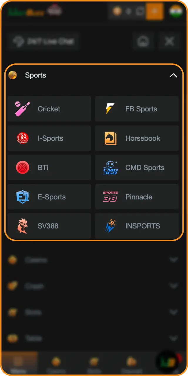 Open the sports section inside the mobile Jeetbuzz app dashboard.