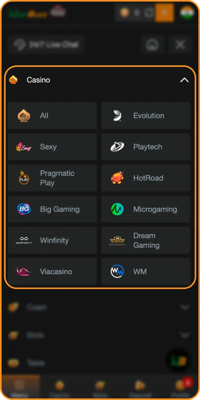 Navigate to the live casino section to view active game rooms for live casino.