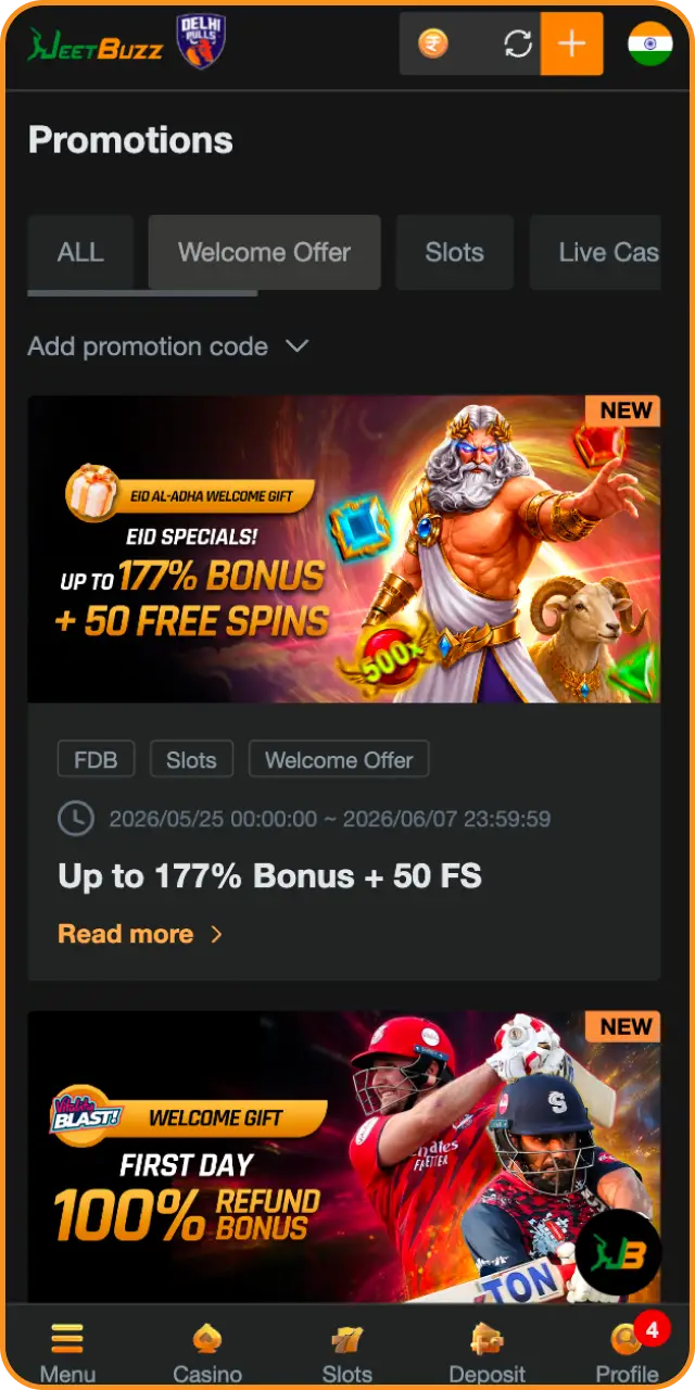 Confirm bonus activation to claim your welcoming gaming reward during registration for Jeetbuzz.