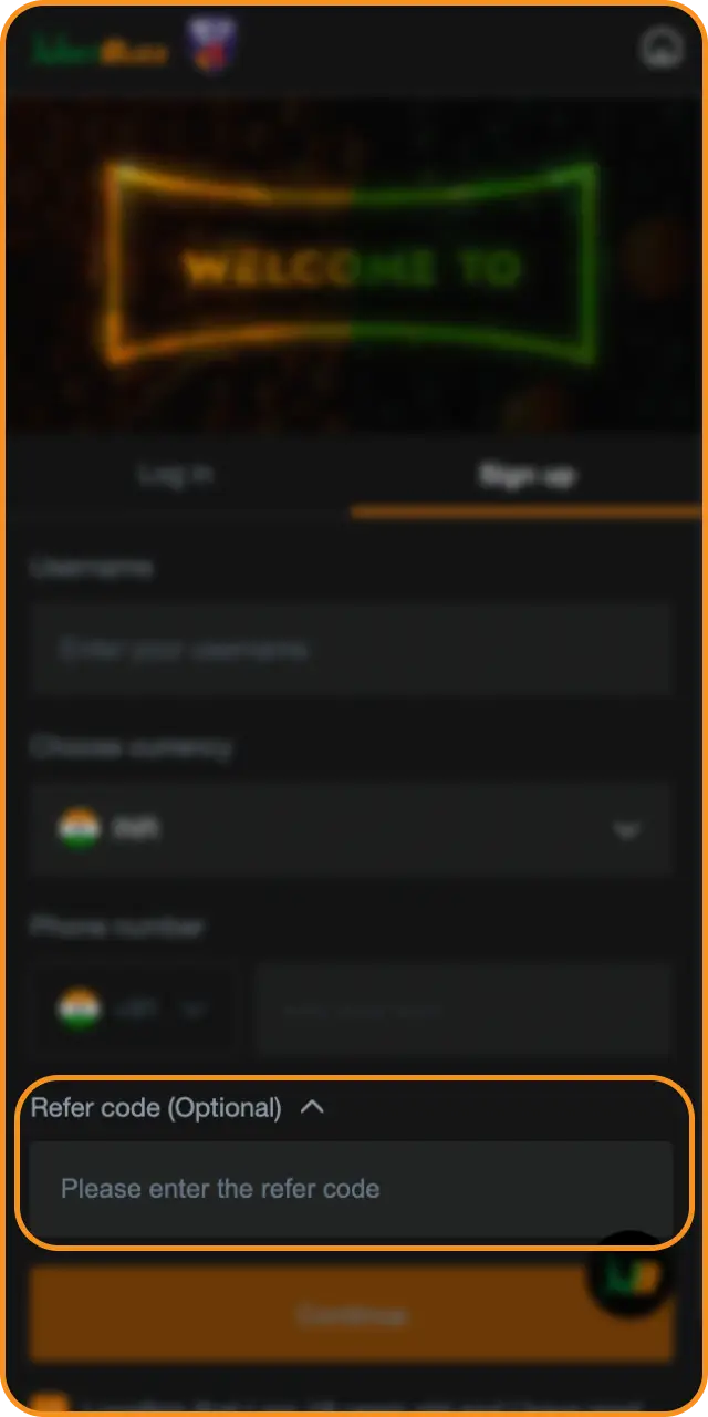 Enter your referral code optional to activate extra gifts during registration for Jeetbuzz.